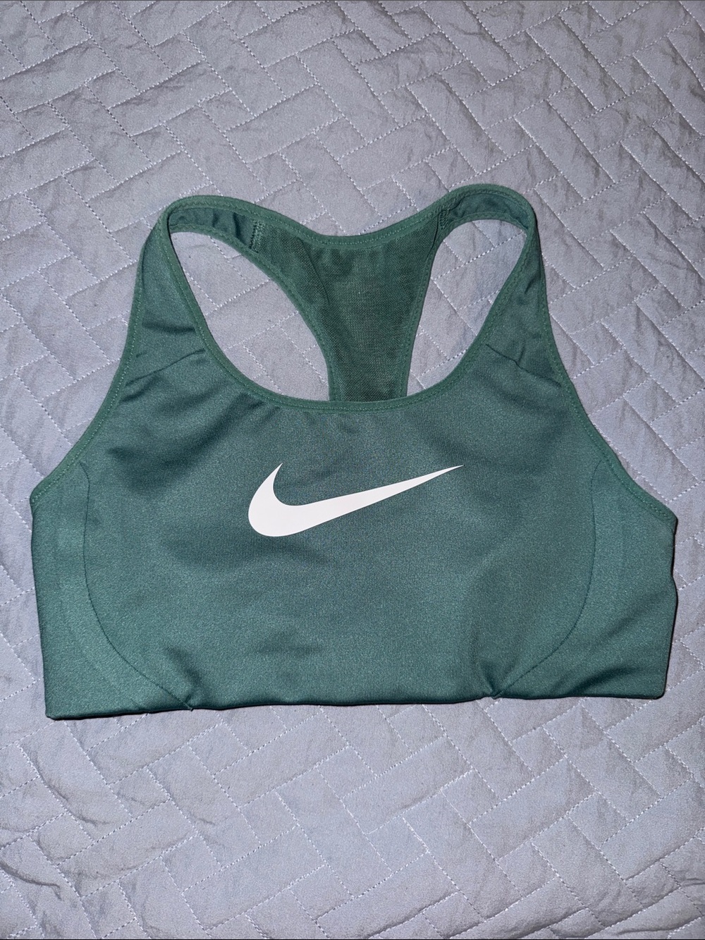 Nike Women's Dark Green Racerback Sports Bra with White Swoosh